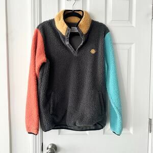 Dutch Bros Gray Orange Teal Colorblock Sherpa Fleece Quarter Button Pullover M